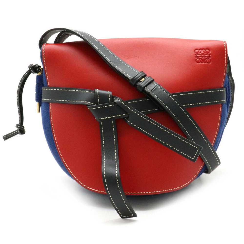 Loewe Gate Bag Shoulder Hobo Leather Wool Red Navy Blue